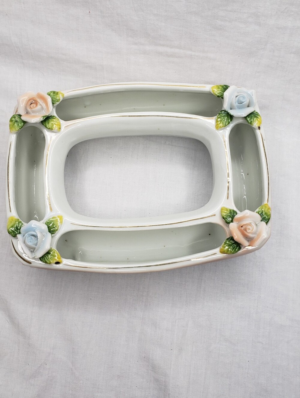 Rectangular Midcentury Ceramic Flower Ring Japan Roses - Picture 10 of 11